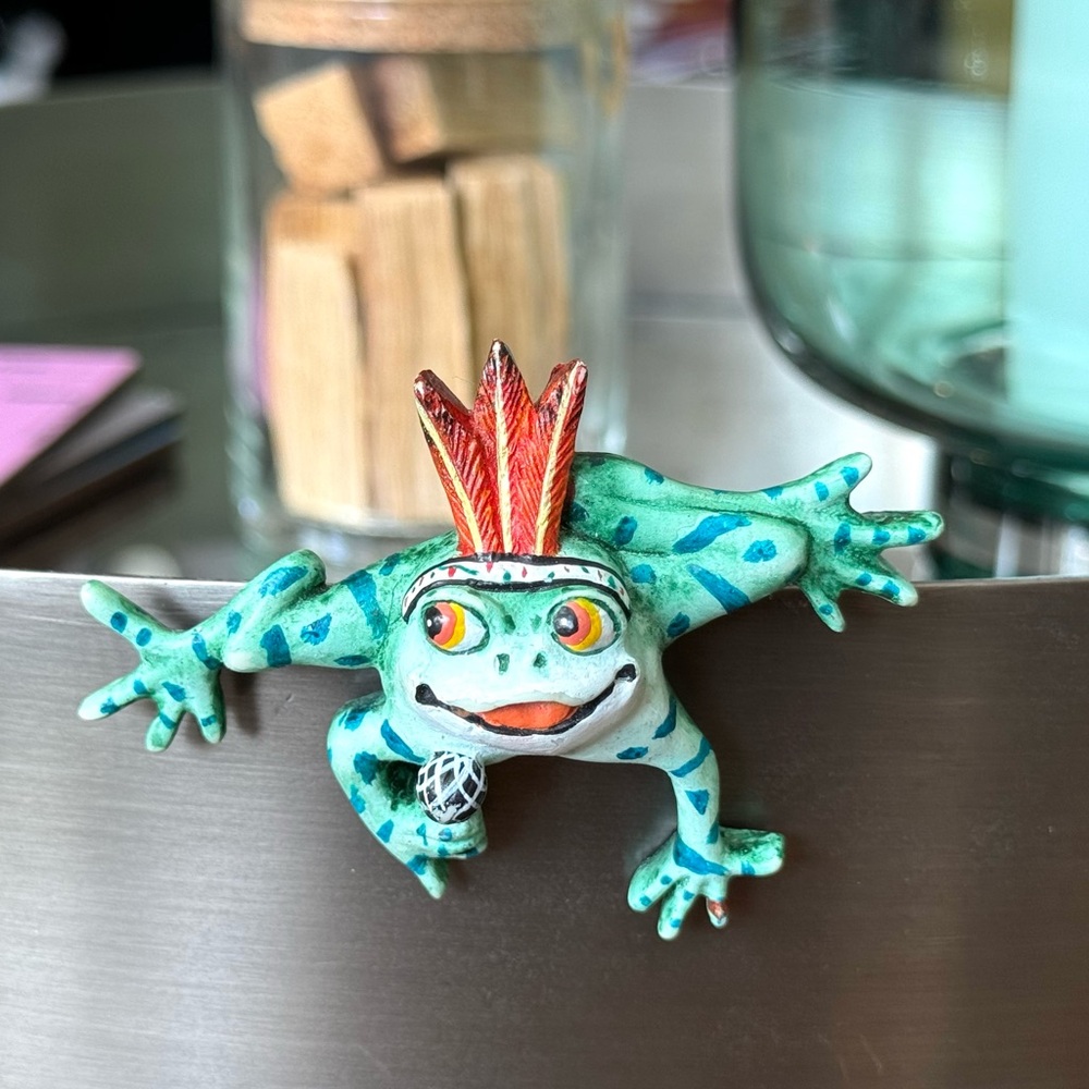 Artisan Clay Singing Frog with Microphone Brooch